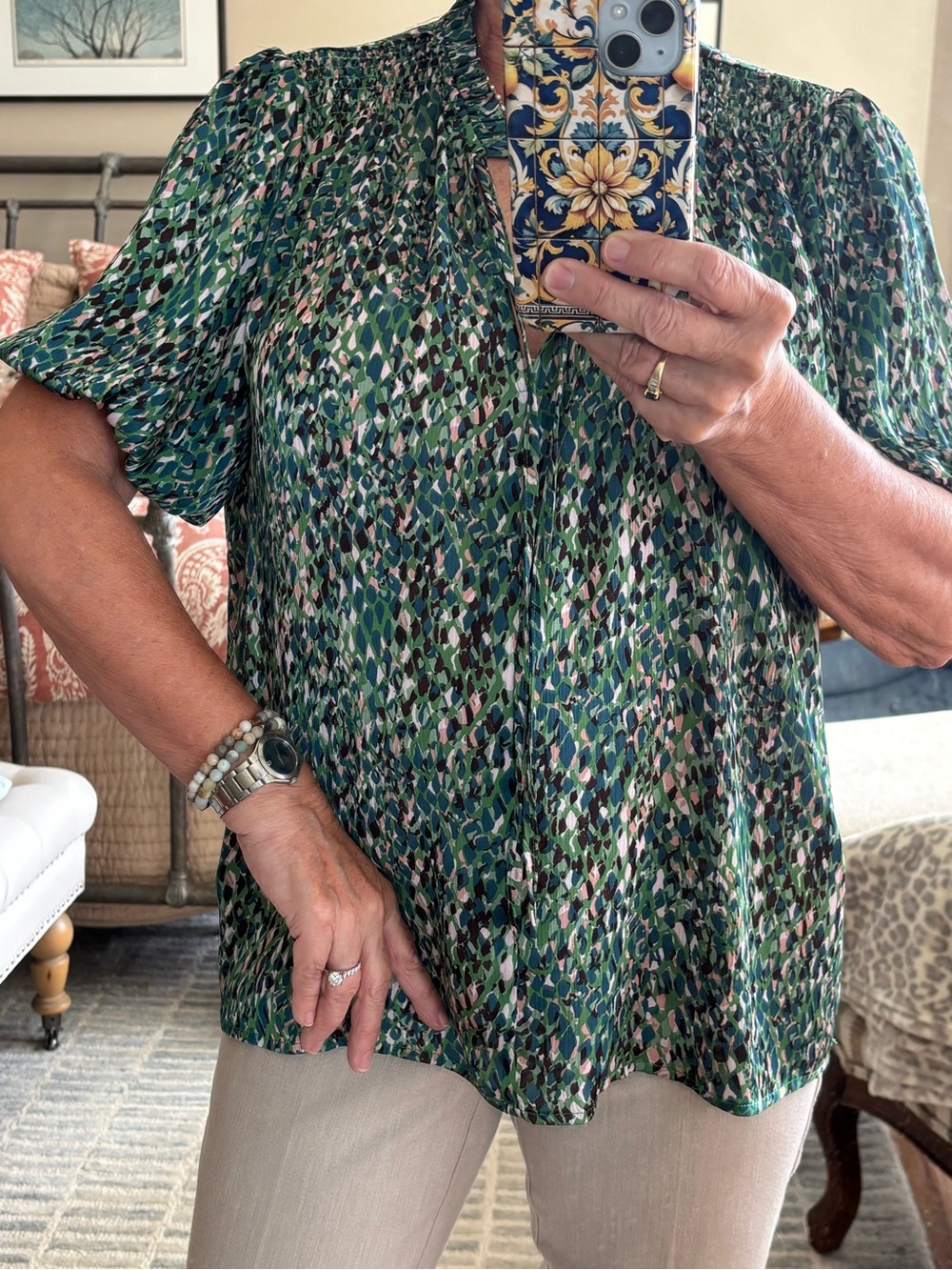 Green Patterned Silky Short-Sleeve Women’s Top